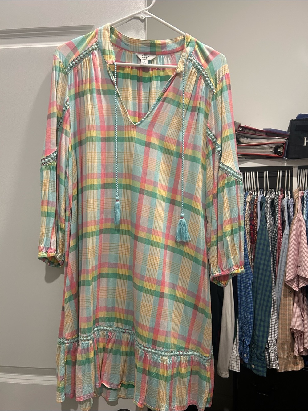 crown & ivy Pastel Plaid Tassel-Trim Midi Dress in Mint, Pink, Yellow, Cream